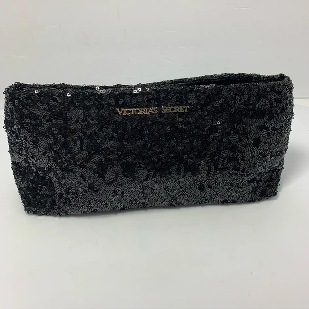 Victoria's Secret Clutch Handbag Sequence Black Snap Bag Make‎ Up Bag